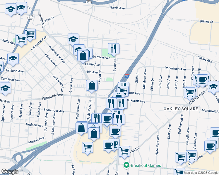 map of restaurants, bars, coffee shops, grocery stores, and more near 2635 Melrose Avenue in Cincinnati