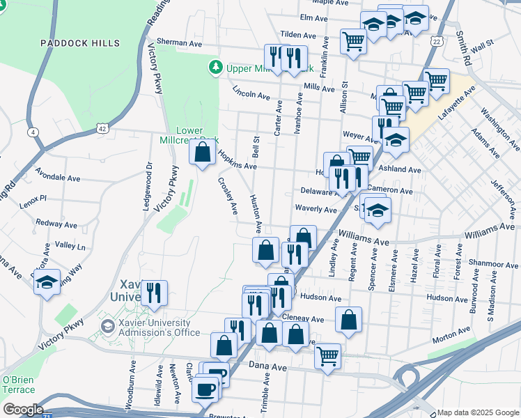 map of restaurants, bars, coffee shops, grocery stores, and more near 1802 Williams Avenue in Cincinnati