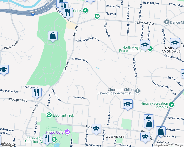 map of restaurants, bars, coffee shops, grocery stores, and more near 141 Glenridge Place in Cincinnati