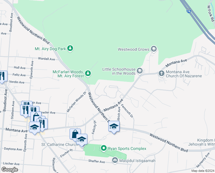 map of restaurants, bars, coffee shops, grocery stores, and more near 2678 Montana Avenue in Cincinnati