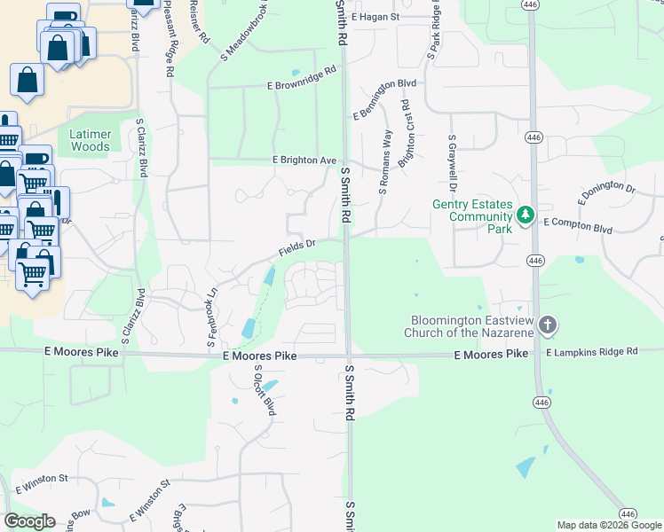 map of restaurants, bars, coffee shops, grocery stores, and more near 1305 South Stella Drive in Bloomington