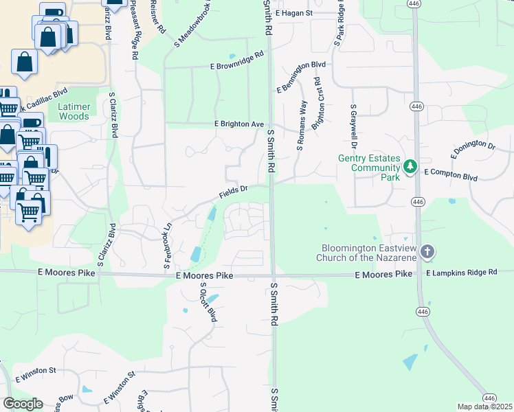 map of restaurants, bars, coffee shops, grocery stores, and more near 1305 South Stella Drive in Bloomington