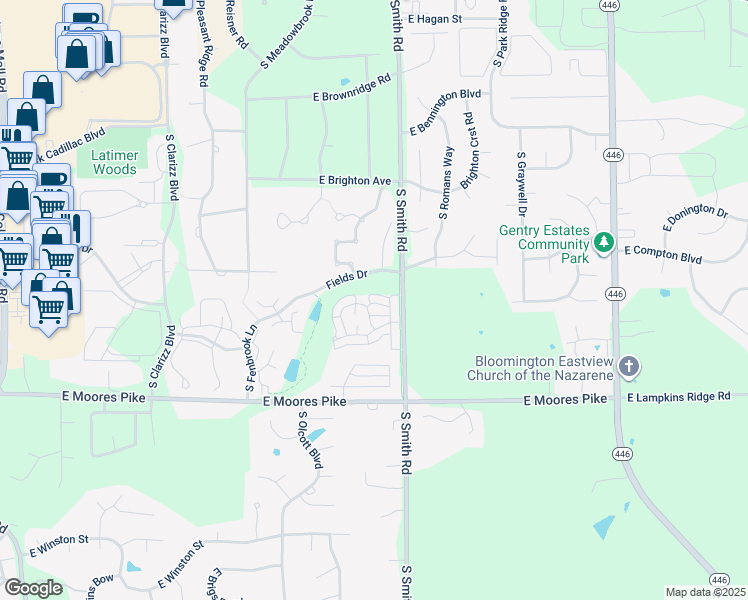 map of restaurants, bars, coffee shops, grocery stores, and more near 1277 Cobble Creek Circle in Bloomington