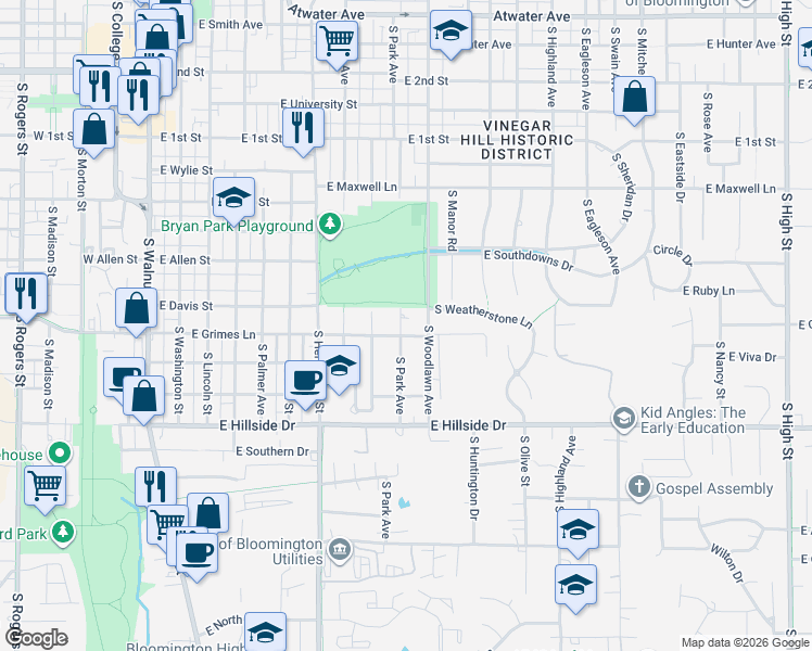 map of restaurants, bars, coffee shops, grocery stores, and more near 904-916 East Grimes Lane in Bloomington
