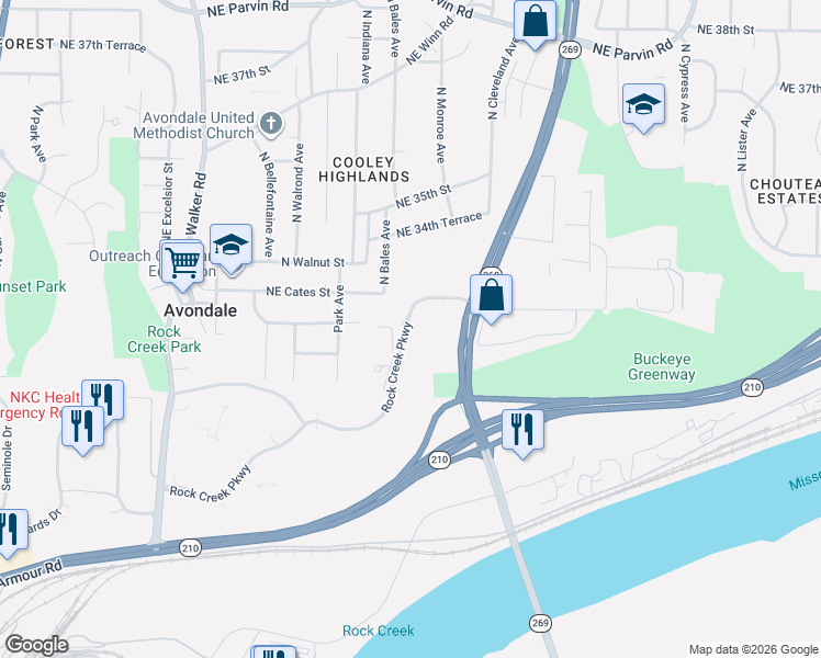 map of restaurants, bars, coffee shops, grocery stores, and more near 3200 Rock Creek Parkway in Kansas City