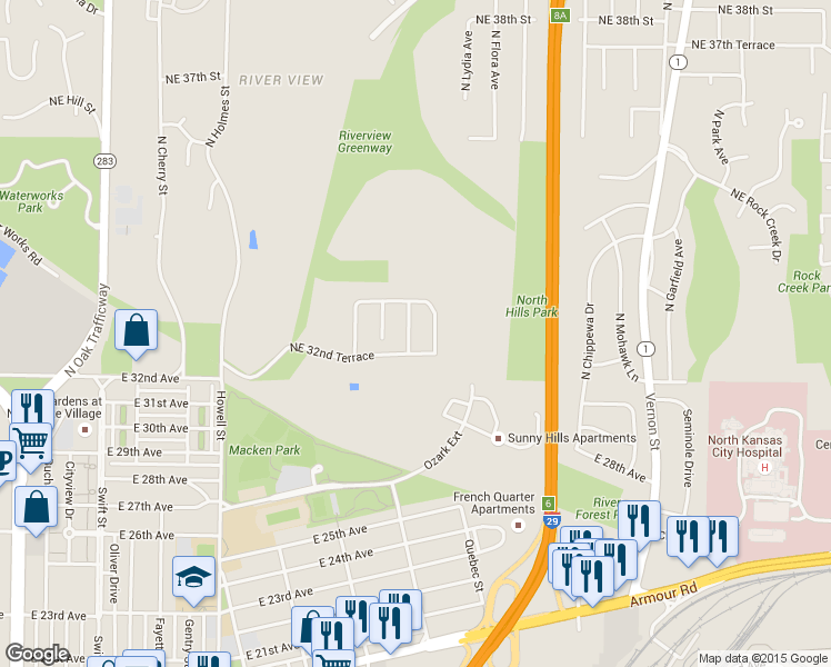 map of restaurants, bars, coffee shops, grocery stores, and more near 3238 North Virginia Avenue in Kansas City