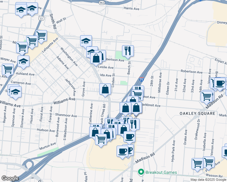 map of restaurants, bars, coffee shops, grocery stores, and more near 2612 Duck Creek Road in Cincinnati