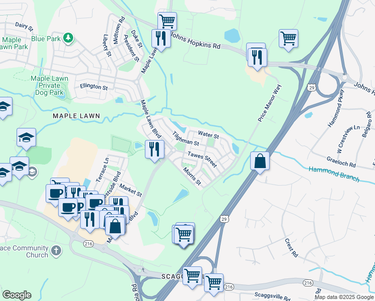 map of restaurants, bars, coffee shops, grocery stores, and more near 7704 Water Street in Fulton