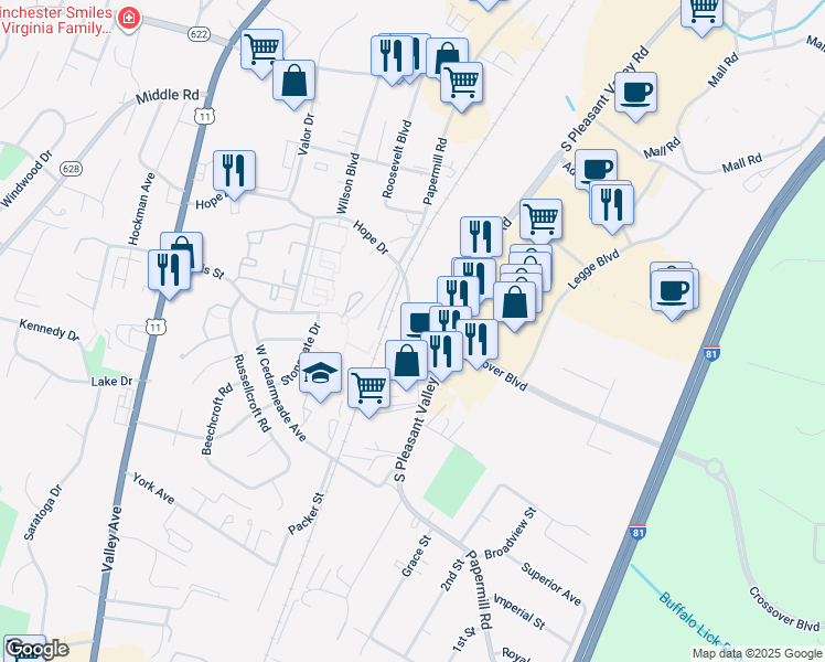 map of restaurants, bars, coffee shops, grocery stores, and more near 2637 Papermill Road in Winchester