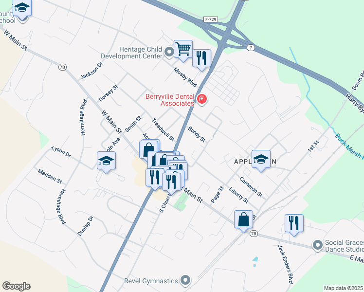 map of restaurants, bars, coffee shops, grocery stores, and more near 123 South Church Street in Berryville