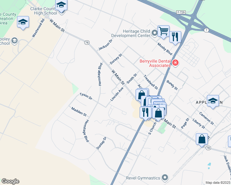 map of restaurants, bars, coffee shops, grocery stores, and more near 19 Lincoln Avenue in Berryville