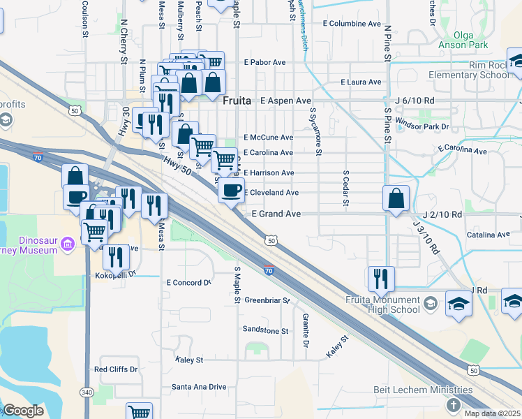 map of restaurants, bars, coffee shops, grocery stores, and more near 616 East Grand Avenue in Fruita