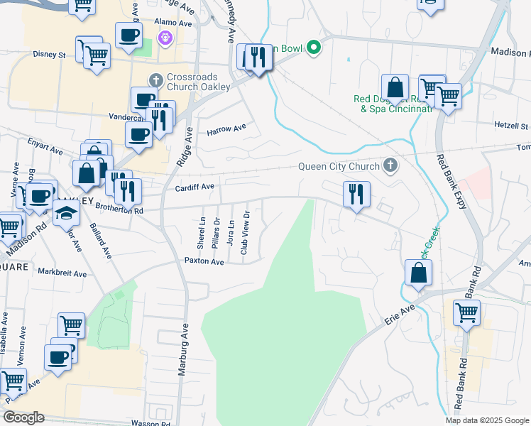 map of restaurants, bars, coffee shops, grocery stores, and more near 4143 Paxton Woods Drive in Cincinnati
