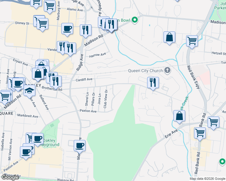 map of restaurants, bars, coffee shops, grocery stores, and more near 4143 Paxton Woods Drive in Cincinnati