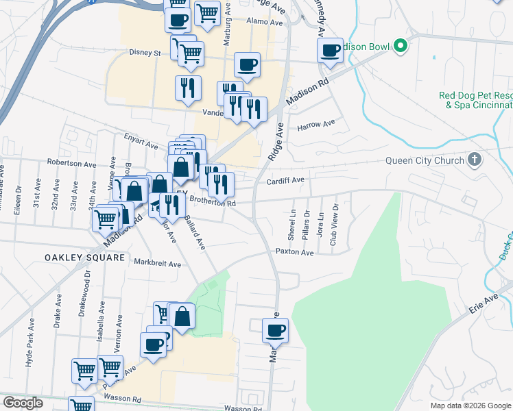 map of restaurants, bars, coffee shops, grocery stores, and more near 4155 Maple Drive in Cincinnati