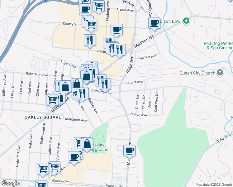 map of restaurants, bars, coffee shops, grocery stores, and more near 4155 Maple Drive in Cincinnati
