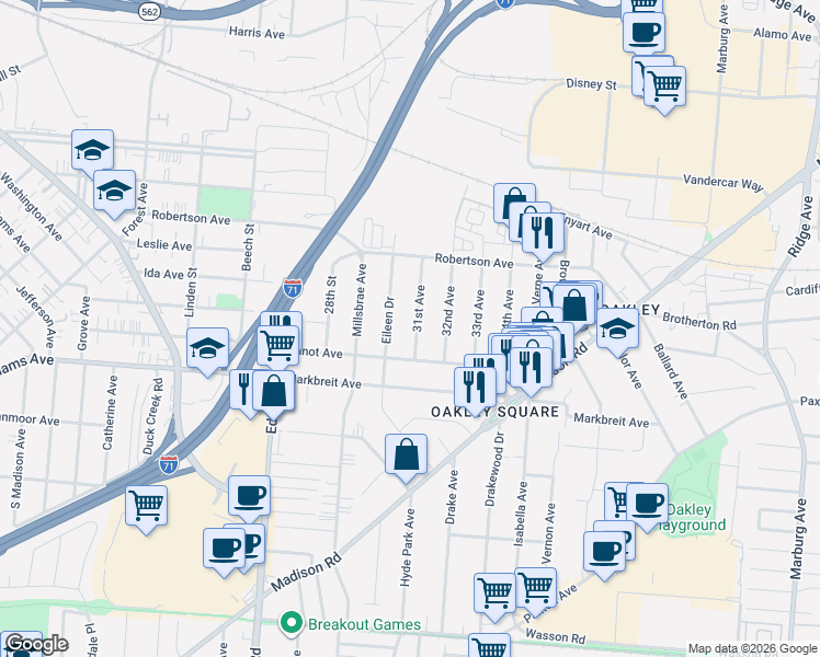 map of restaurants, bars, coffee shops, grocery stores, and more near 2832 Minot Avenue in Cincinnati