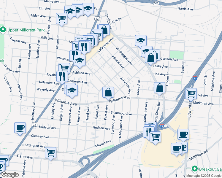 map of restaurants, bars, coffee shops, grocery stores, and more near 4128 Forest Avenue in Cincinnati