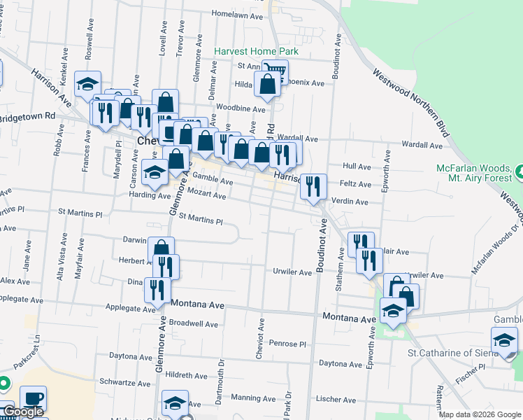 map of restaurants, bars, coffee shops, grocery stores, and more near 3569 Carmel Terrace in Cincinnati