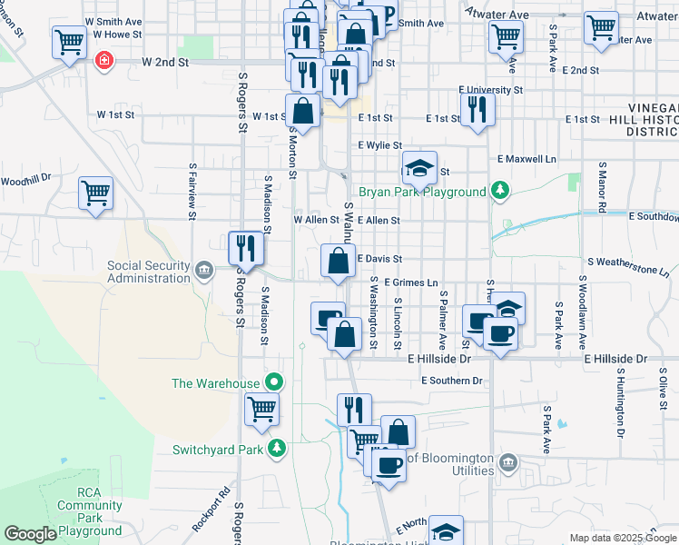 map of restaurants, bars, coffee shops, grocery stores, and more near 1205 South Walnut Street in Bloomington