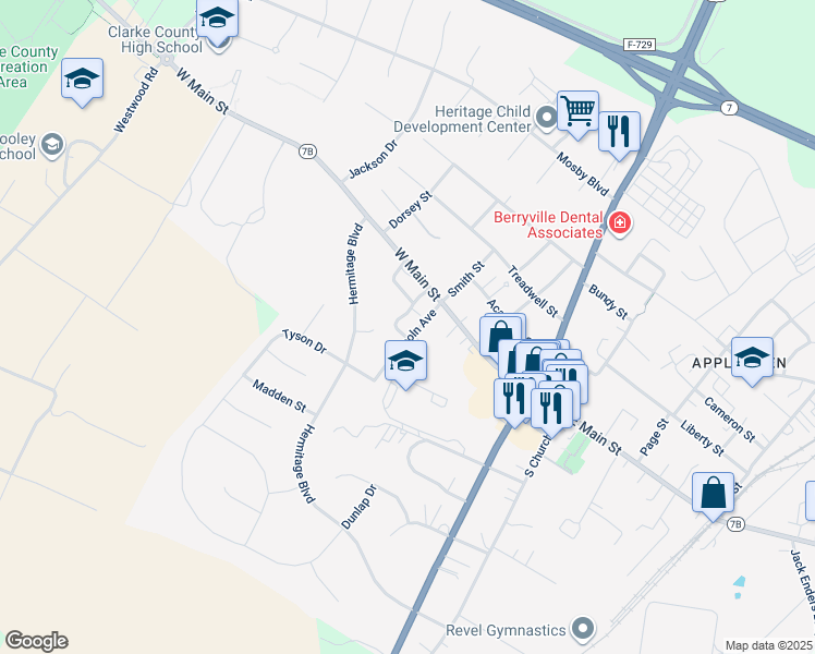 map of restaurants, bars, coffee shops, grocery stores, and more near 19 Lincoln Avenue in Berryville
