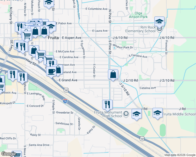 map of restaurants, bars, coffee shops, grocery stores, and more near 1032 E Grand Ave in Fruita