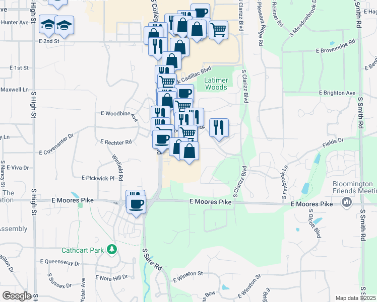map of restaurants, bars, coffee shops, grocery stores, and more near 1175 South College Mall Road in Bloomington