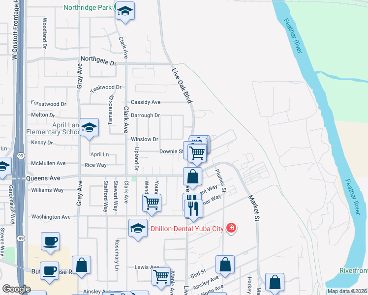 map of restaurants, bars, coffee shops, grocery stores, and more near 605 Queens Avenue in Yuba City