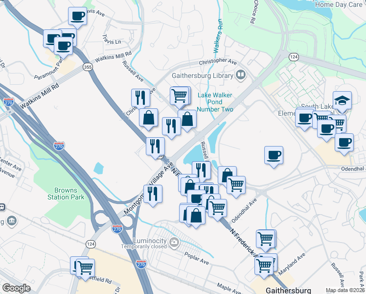 map of restaurants, bars, coffee shops, grocery stores, and more near 2 Montgomery Village Ave in Gaithersburg