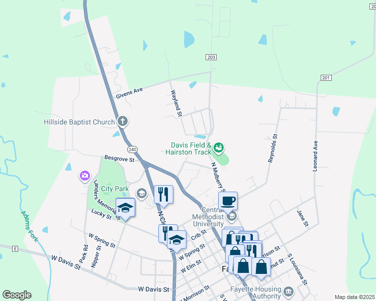 map of restaurants, bars, coffee shops, grocery stores, and more near 1 Lawrence Drive in Fayette