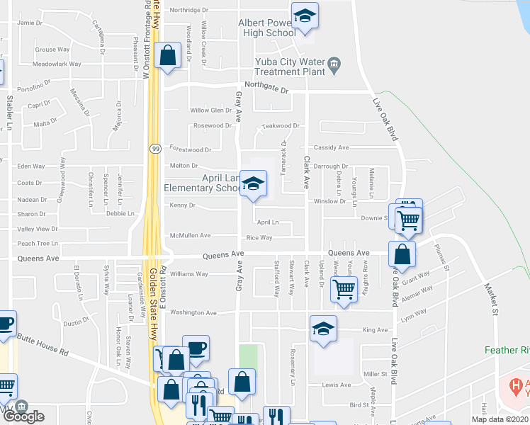 map of restaurants, bars, coffee shops, grocery stores, and more near 772 Winslow Drive in Yuba City
