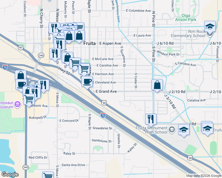 map of restaurants, bars, coffee shops, grocery stores, and more near 716 East Cleveland Avenue in Fruita