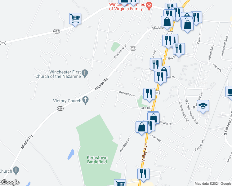 map of restaurants, bars, coffee shops, grocery stores, and more near 813 Lake Drive in Winchester
