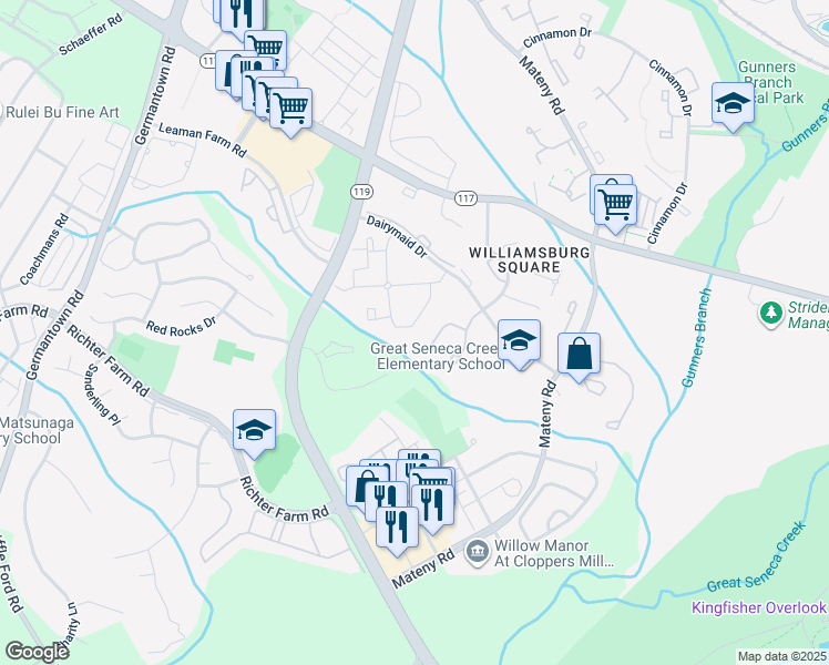 map of restaurants, bars, coffee shops, grocery stores, and more near 18050 Chalet Drive in Germantown