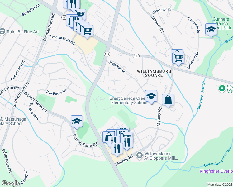 map of restaurants, bars, coffee shops, grocery stores, and more near 18100 Chalet Drive in Germantown