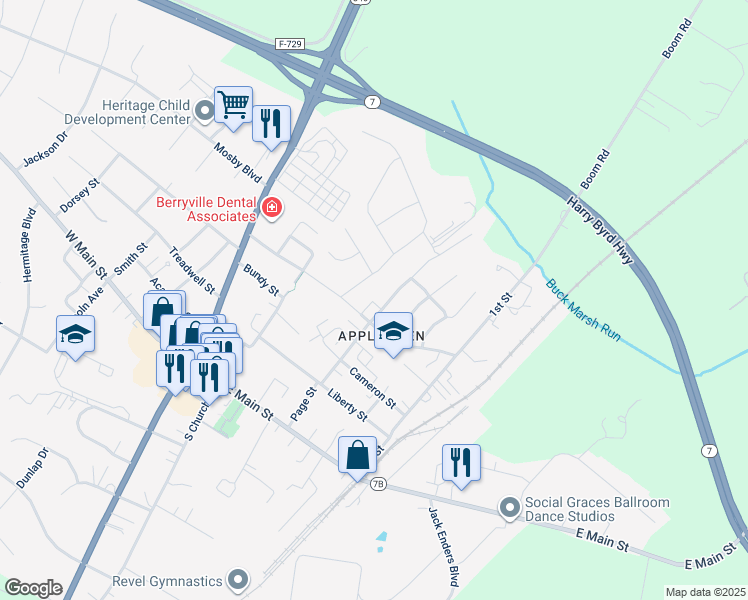map of restaurants, bars, coffee shops, grocery stores, and more near 100 Orchard Court in Berryville
