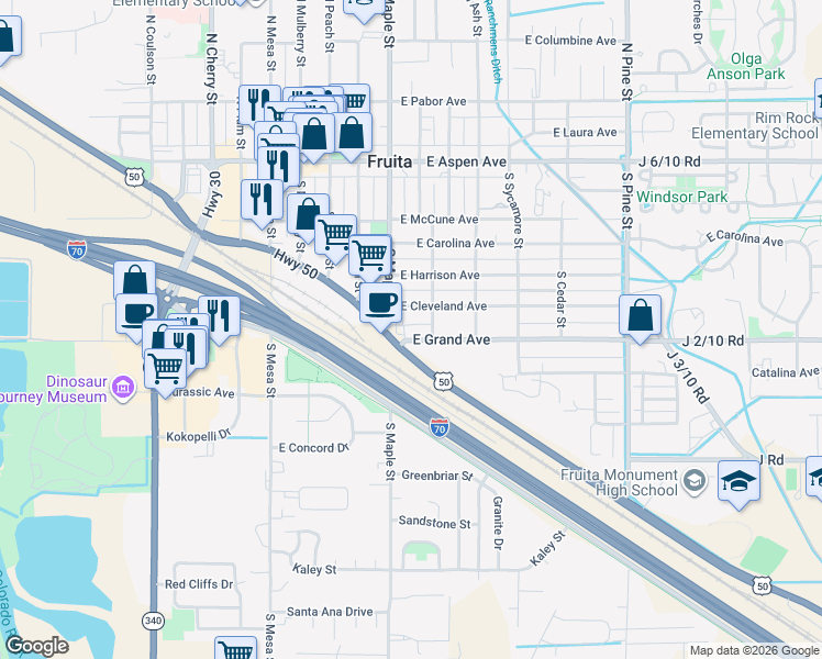 map of restaurants, bars, coffee shops, grocery stores, and more near 575 East Cleveland Avenue in Fruita
