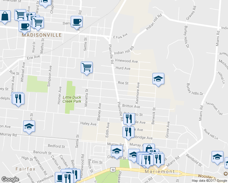 map of restaurants, bars, coffee shops, grocery stores, and more near 4535 Plainville Road in Cincinnati