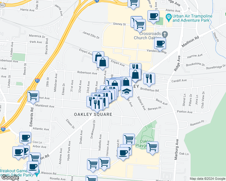 map of restaurants, bars, coffee shops, grocery stores, and more near 4224 Brownway Avenue in Cincinnati