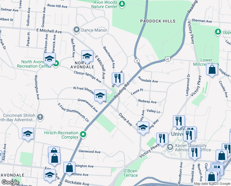 map of restaurants, bars, coffee shops, grocery stores, and more near 3859 Reading Road in Cincinnati