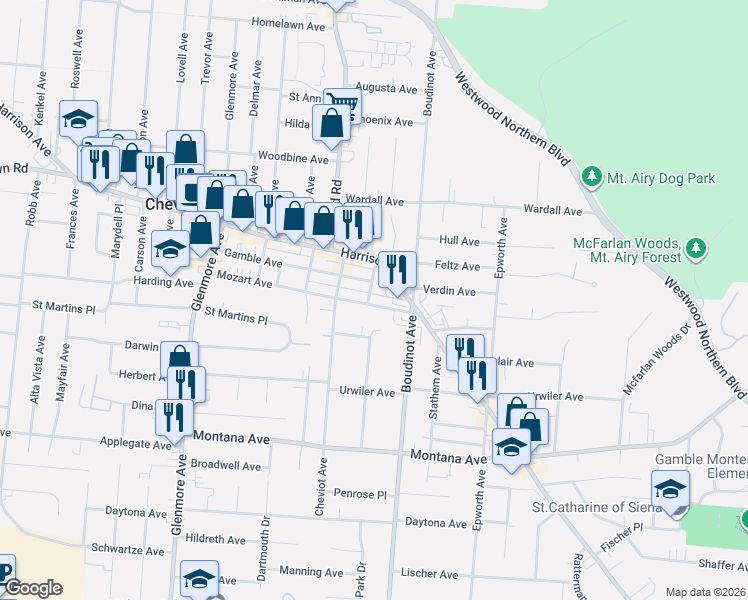 map of restaurants, bars, coffee shops, grocery stores, and more near 36 Higbee Street in Cincinnati