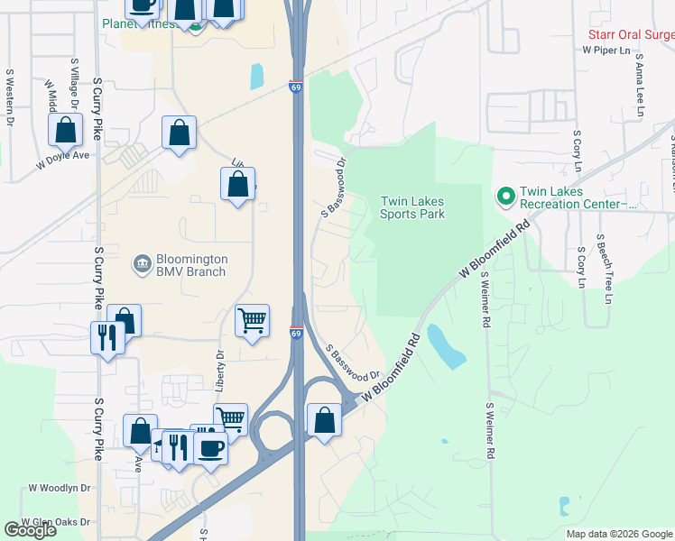 map of restaurants, bars, coffee shops, grocery stores, and more near 2901 West Julie's Way in Bloomington