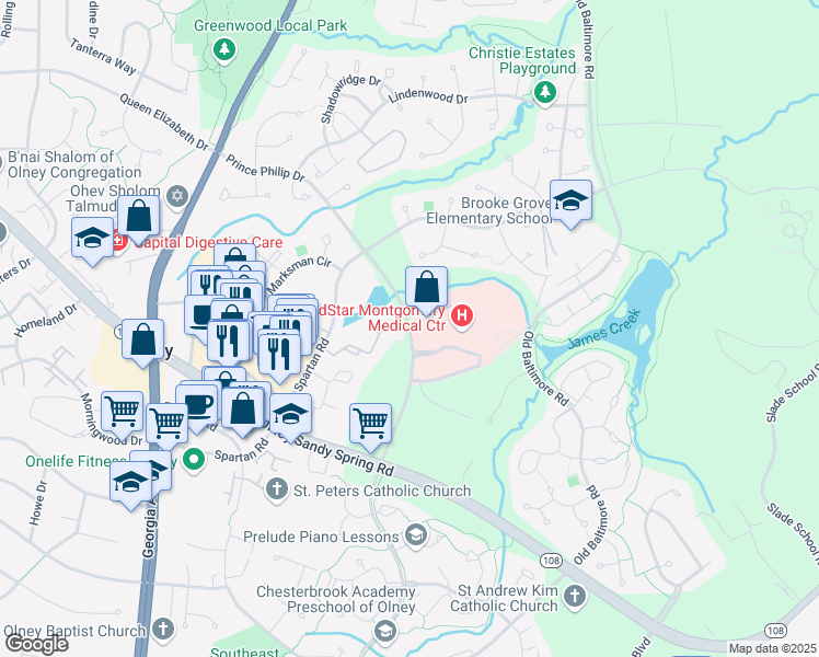 map of restaurants, bars, coffee shops, grocery stores, and more near 18109 Prince Philip Drive in Olney