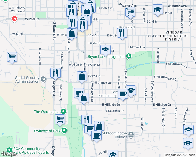 map of restaurants, bars, coffee shops, grocery stores, and more near 1011 South Washington Street in Bloomington