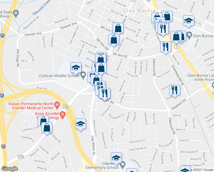 map of restaurants, bars, coffee shops, grocery stores, and more near 114 Heather Stone Way in Glen Burnie