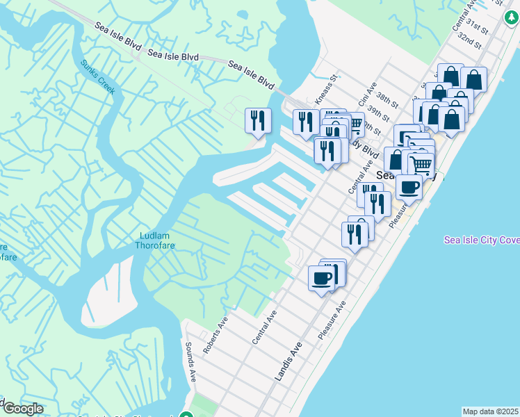 map of restaurants, bars, coffee shops, grocery stores, and more near 340 46th Place in Sea Isle City
