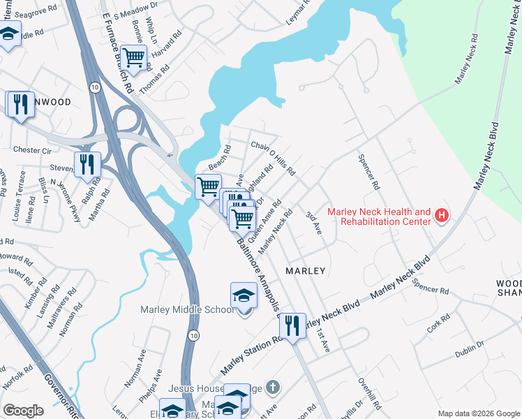 map of restaurants, bars, coffee shops, grocery stores, and more near 18 McGuirk Drive in Glen Burnie