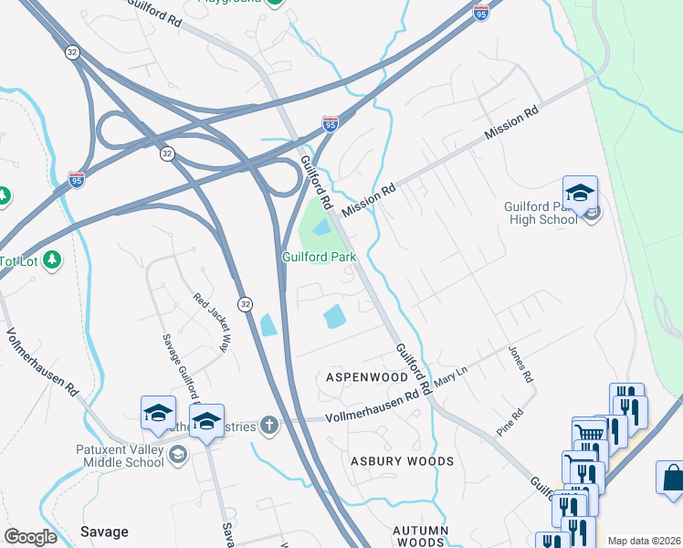 map of restaurants, bars, coffee shops, grocery stores, and more near 9950 Guilford Road in Jessup