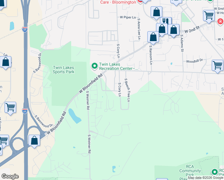 map of restaurants, bars, coffee shops, grocery stores, and more near 1262 South Tall Oaks Drive in Bloomington