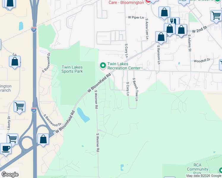 map of restaurants, bars, coffee shops, grocery stores, and more near 1247-1499 South Lakecrest Drive in Bloomington